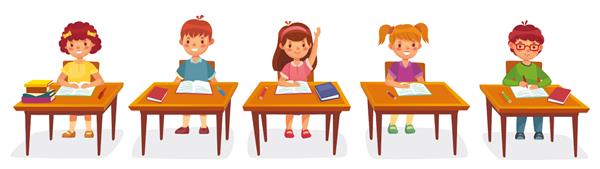 دانش آموزان دبستان پشت میز می نشینند آموزش ابتدایی بچه ها در کتاب کپی می نویسند دست بلند می کنند تا جواب بدهند دانش آموختن بچه ها در مورد درس در کلاس تصویر برداری فرآیند یادگیری
