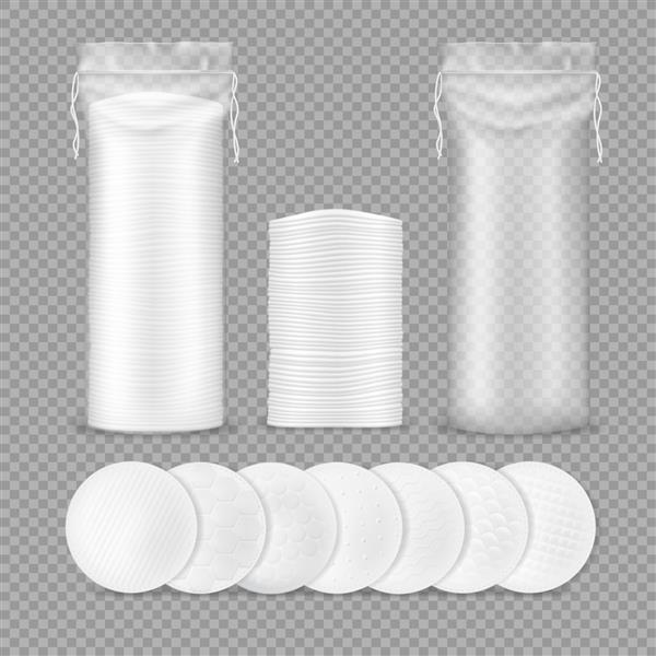 ماکت واقعی پد پنبه ای با اسفنج های گرد پاک کننده آرایش جدا شده و کیسه های پلاستیکی شفاف دیسک های سه بعدی پنبه ای با بافت های مختلف برای لوازم آرایشی دارویی و بهداشتی