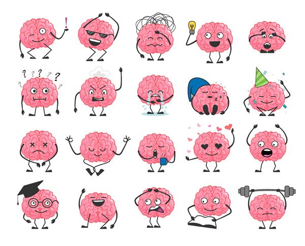 مجموعه شخصیت کارتونی مغز با لبخند چهره شاد ایموجی مغز قهرمان ناز جدا شده در پس زمینه سفید آواتار قدرت مغز با تصویر برداری احساسات مختلف و بیان چهره