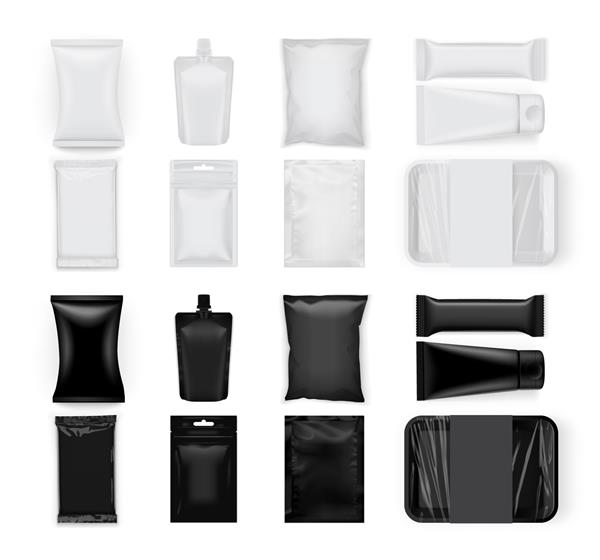مجموعه ای از بسته های مواد غذایی سفید و سیاه جدا شده در پس زمینه سفید وکتور ماکت