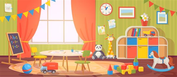 فضای داخلی مهد کودک مهد کودک با مبلمان و اسباب بازی های بچه گانه اتاق کودک پیش دبستانی برای بازی فعالیت و یادگیری وکتور کارتون تخته سیاه و میز با صندلی برای کودکان