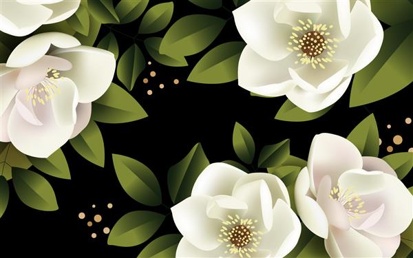 تصویر برداری سه بعدی گل های یاس سفید با برگ های سبز در پس زمینه سیاه