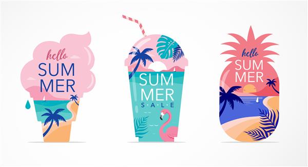 طراحی مفهومی سرگرم کننده تابستانی پس زمینه خلاقانه از منظره پانورامای دریا و ساحل روی آناناس بستنی و لیوان تکان دهنده اسموتی فروش تابستانی قالب پست