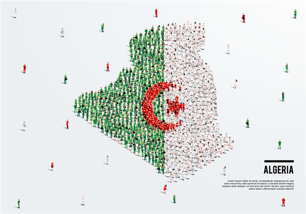 نقشه و پرچم الجزایر گروه بزرگی از مردم با رنگ پرچم الجزایر برای ایجاد نقشه تصویر برداری