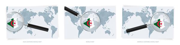 نقشه های آبی انتزاعی جهان با ذره بین روی نقشه الجزایر با پرچم ملی الجزایر سه نسخه از نقشه جهانی - آسیای مرکزی آمریکای مرکزی و اروپای مرکزی