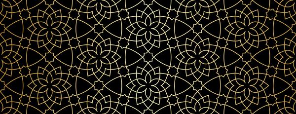 الگوی بدون درز با خطوط فر نازک طلایی و ستاره در زمینه سیاه الگوی گل انتزاعی تک رنگ مشبک تزئینی به سبک عربی طراحی تزئینی برای پارچه پارچه و بسته بندی