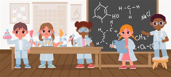 بچه های مدرسه در کلاس آزمایشگاه علوم آزمایش شیمیایی انجام می دهند دانش آموزان شیمی را با شیشه میکروسکوپ و صحنه برداری تخته سیاه مطالعه می کنند پسران و دخترانی که فلاسک و لوله در دست دارند