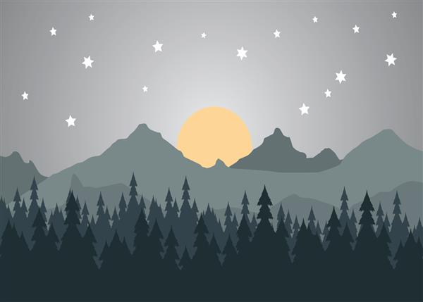 تصویر زمینه سه بعدی منظره شب کوه ها و درختان جنگلی کریسمس و ستاره ها