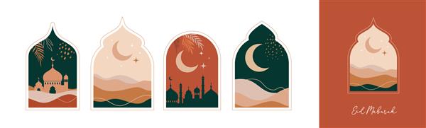 مجموعه ای از پنجره ها و طاق های اسلیمی به سبک شرقی با طراحی مدرن بوهو ماه گنبد مسجد و فانوس