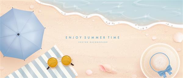 الگوی طراحی بنر افقی زیبا با عناصر تابستانی واقع گرایانه در پس زمینه ساحل تصویر برداری
