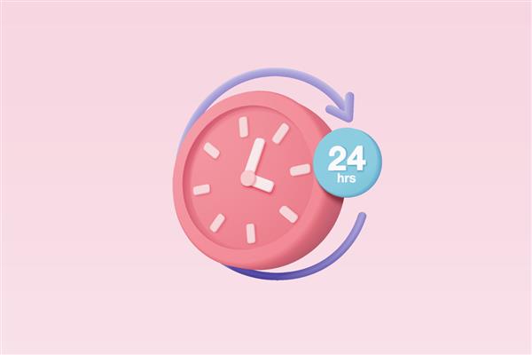 نماد ساعت زنگ دار سه بعدی 24 ساعته برای مفهوم تحویل سریع مفهوم طراحی سه بعدی مینیمال ساعت صورتی از زمان خدمات و پشتیبانی شبانه روزی 24 ساعت شبانه روز تصویر رندر وکتور آیکون ساعت سه بعدی