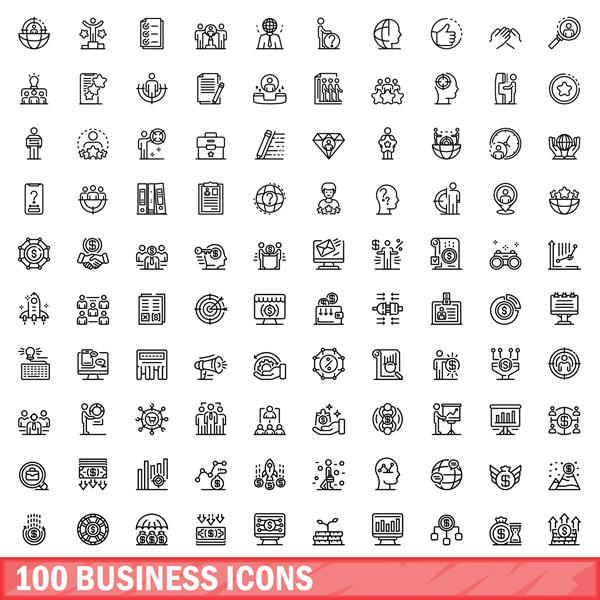 مجموعه 100 آیکون کسب و کار تصویر طرح کلی 100 مجموعه وکتور آیکون کسب و کار جدا شده در پس زمینه سفید