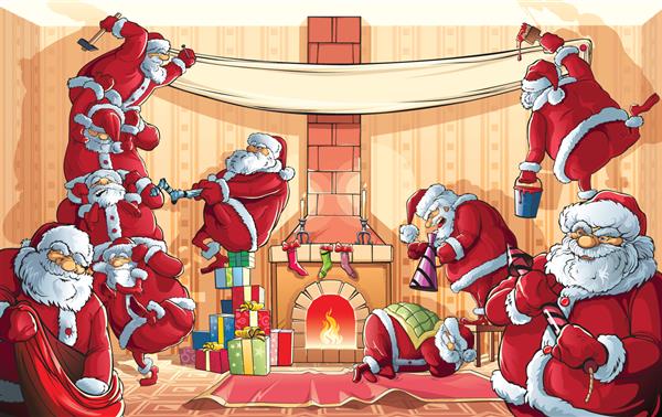 تهاجم بابا نوئل کریسمس بسیاری از بابا نوئل برای صدور یک اتاق بزرگ برای جشن کریسمس و سال نو