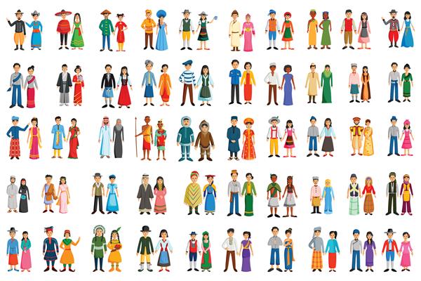 مجموعه ای از مردم کشورهای مختلف با لباس سنتی در وکتور