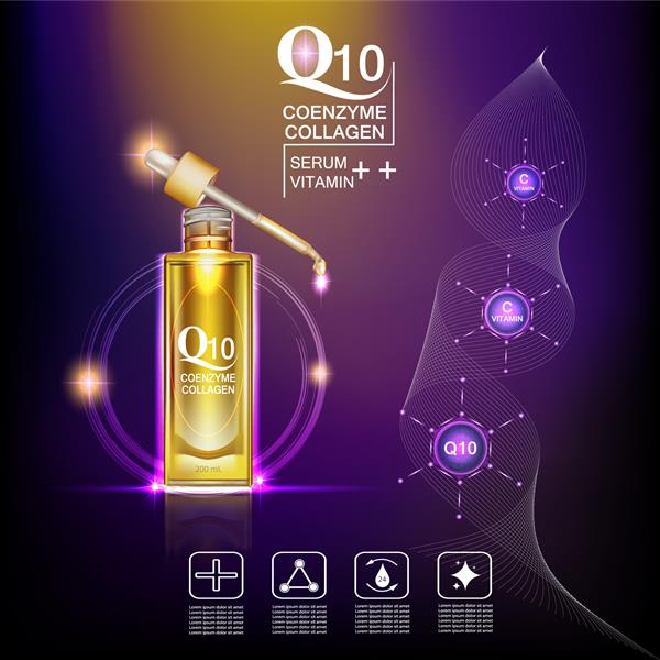 کوآنزیم کلاژن و سرم Q10 مفهوم وکتور پس زمینه با بسته بندی طلایی در بیضی افکت نورپردازی