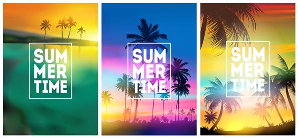 پس زمینه تابستانی گرمسیری با نخل آسمان و غروب خورشید تنظیم شده است کارت دعوت بروشور پوستر پلاکارد تابستانی تابستان