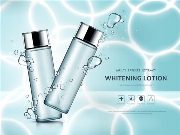 تبلیغات لوسیون سفید کننده بطری های شیشه ای آبکی با لوسیون ایزوله شده روی استخر با اشعه خورشید در تصویر سه بعدی