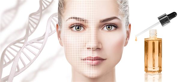 استفاده از روغن پرایمر آرایشی روی صورت زن بر روی پس زمینه DNA مفهوم زیبایی درمانی