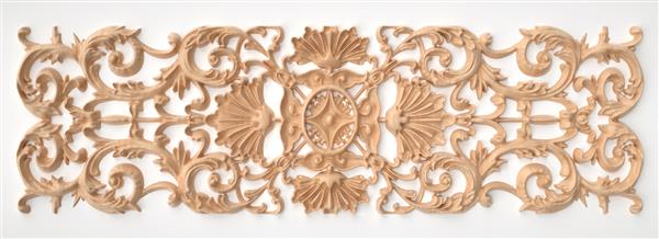 رندر سه بعدی نقش برجسته چوبی زیبا جدا شده روی سفید تزئینات کنده کاری معماری جزئیات داخلی کلاسیک ساخته شده از چوب