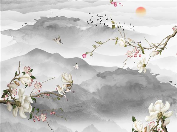 تصویر منظره کوه ها و تپه های خاکستری غروب آفتاب سه شاخه با گل های سفید و صورتی دسته ای از پرندگان پرواز می کنند