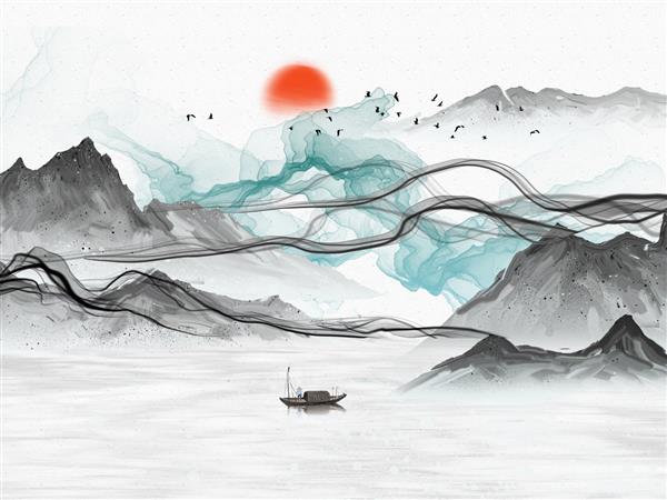 تصویر منظره تپه های خاکستری امواج انتزاعی خاکستری و آبی غروب خورشید دریاچه ماهیگیر روی قایق گله پرندگان در آسمان