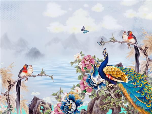 تصویر منظره آسمان خاکستری و تپه ها ابرهای سفید یک دریاچه گل های افسانه ای رنگارنگ در ساحل دو طاووس دو جفت پرنده نشسته روی شاخه ها