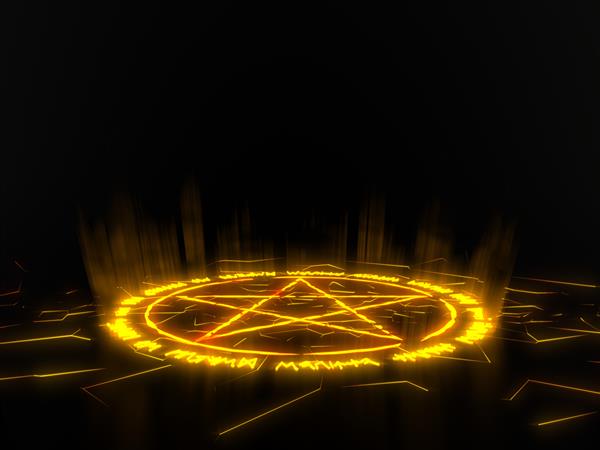 احضار دایره با پنتاگرام در مرکز کلمات رونیک برای فراخوانی شیاطین جزئیات درخشان زرد در تاریکی تصویر سه بعدی