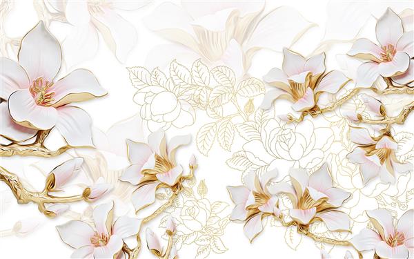 تصویر سه بعدی پس زمینه روشن با خطوط گل صد تومانی گل های ماگنولیا صورتی طلاکاری شده بزرگ