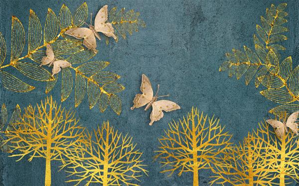 تصویر سه بعدی پس‌زمینه گرانج سبز تیره خطوط طلایی درختان و برگ‌ها روی شاخه‌ها پروانه‌های بزرگ بژ