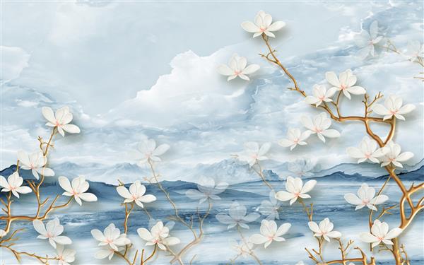تصویر منظره سه بعدی تپه ها و ابرها گل های سفید بزرگ روی شاخه های نازک