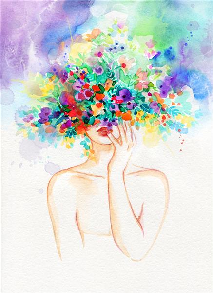 زنی با گل روی سر تصویرسازی مد نقاشی آبرنگ