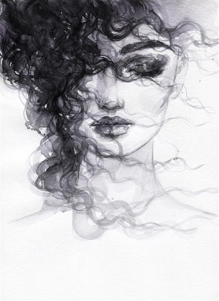 موی دختر که در اثر باد تکان می‌خورد تصویر سیاه و سفید نقاشی آبرنگ