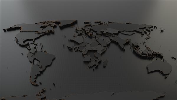 نقشه جهان تاریک با کشورهای مرتفع و مرزهای زرد تصویر سه بعدی