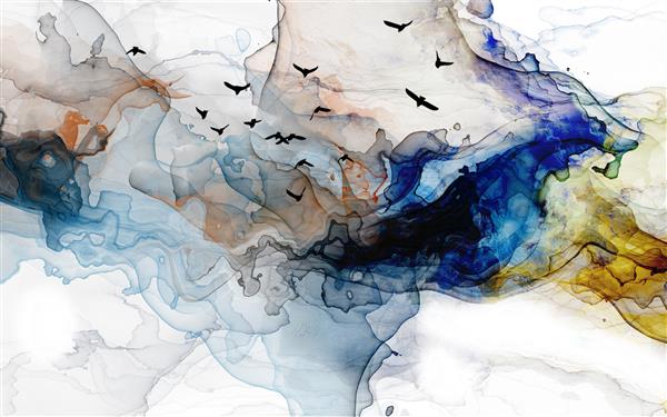 تصویر انتزاعی دود مواج چند رنگ گله ای از پرندگان سیاه