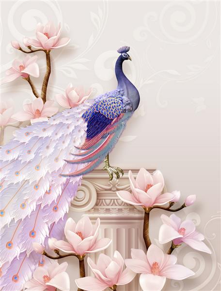 تصویر سه بعدی کاغذ دیواری با طاووس و گل
