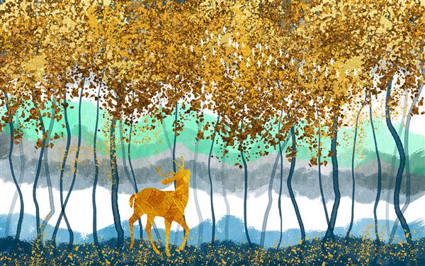 تصویر انتزاعی جنگل طلایی پاییز در پس زمینه لکه دار گوزن طلایی