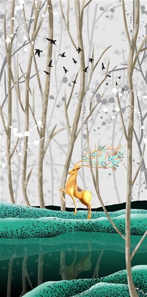 تصویر سه بعدی از گوزن در جنگل کاغذ دیواری انتزاعی هنر مدرن