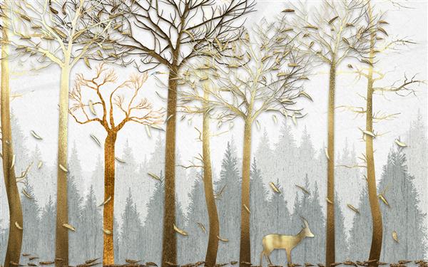 تصویر سه بعدی خطوط خاکستری و طلایی درختان گوزن با شاخ