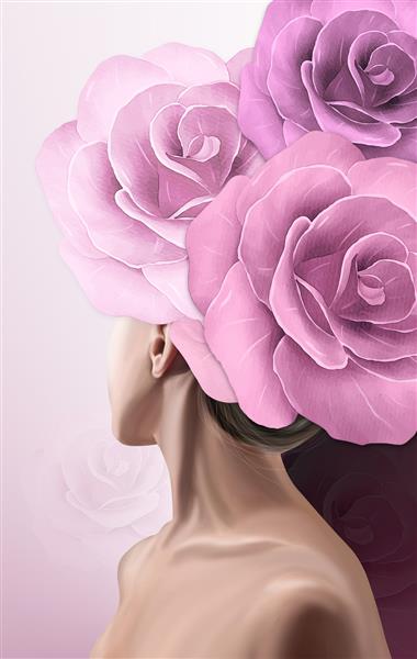 زن جوان عاشقانه زیبا در تاج گلی که روی پس زمینه گل رز ژست گرفته است الهام از بهار و تابستان تصویر سه بعدی
