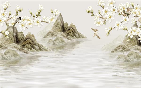 تصویر سه بعدی تپه های انتزاعی در آب گل های ماگنولیا سفید روی شاخه ها