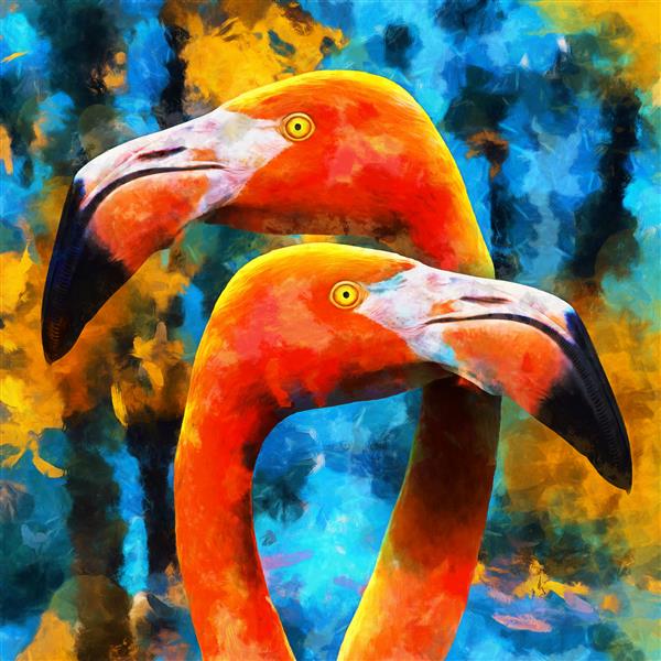 نقاشی رنگ روغن مدرن زوج دوست داشتنی فلامینگوهای نارنجی در زمینه آبی مجموعه هنرمند نقاشی حیوانات برای دکوراسیون و داخلی هنر بوم