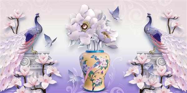 تصویر سه بعدی از گلدان مجلل و طاووس