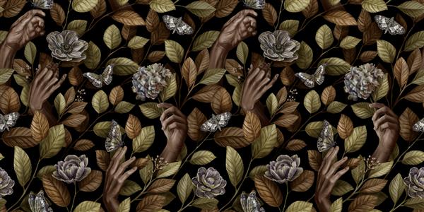 الگوی لوکس گرافیکی بدون درز انتزاعی با دست‌های زن سیاه‌پوست پروانه‌ها برگ‌ها و گل‌های قدیمی دست کشیده طراحی شیک و پر زرق و برق مناسب برای تولید کاغذ دیواری های سه بعدی پارچه چاپ پارچه