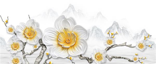 تصویر سه بعدی از گل ها و کوه های طلایی کاغذ دیواری تزیینی انتزاعی