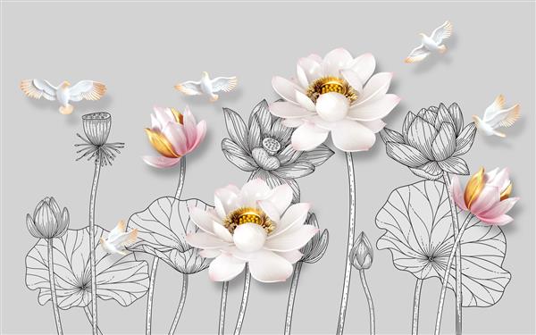تصویر سه بعدی زیبا از گل های نیلوفر آبی برای کاغذ دیواری والپیپر هنر انتزاعی