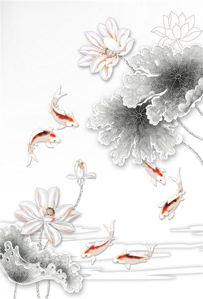 تصویر سه بعدی از گل و ماهی نیلوفر آبی برای کاغذ دیواری