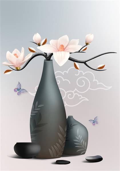 تصویر سه بعدی از گلدان ماگنولیا سیاه و سنگریزه و پروانه کاغذ دیواری تزئینی جدید