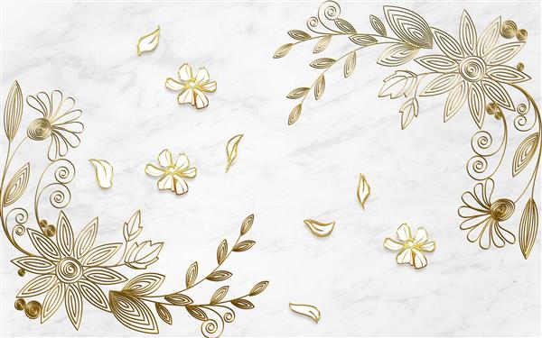 تصویر سه بعدی خطوطی از گل‌های زینتی طلایی روی پس‌زمینه مرمر سفید