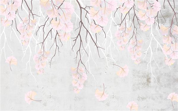 شاخه هایی با گل های صورتی ظریف از بالا روی دیوار خاکستری آویزان شده اند