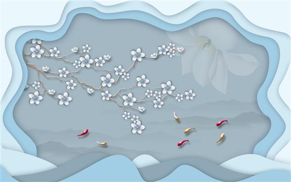تصویر سه بعدی قاب مواج آبی شاخه با گل های سفید ماهی های قرمز و بژ